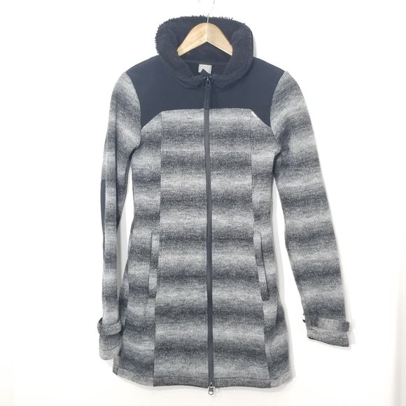 Bench. Gray Striped Knit Hooded Classic A-Line Coat Stylish Two Way Zipper Elbow - Picture 1 of 14